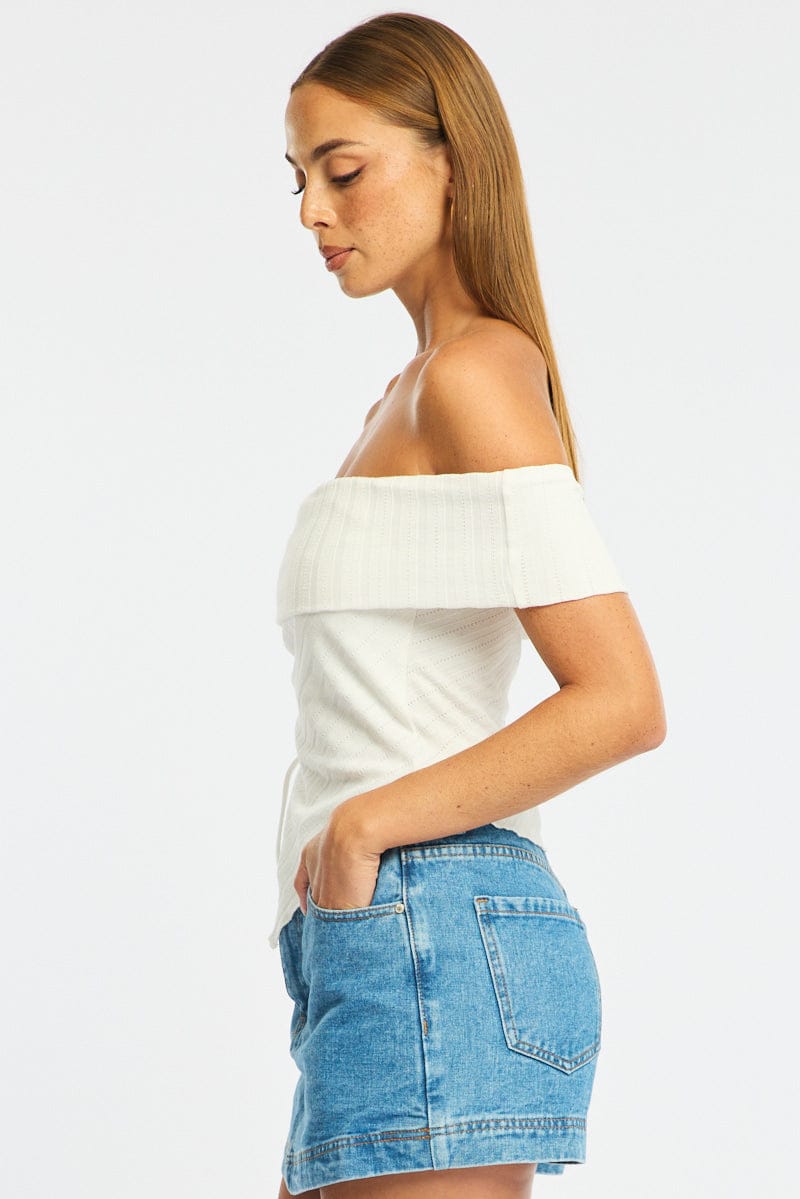 White Off Shoulder Knit Ruched Hem for Ally Fashion