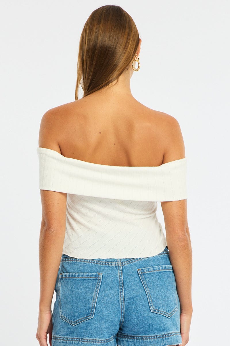 White Off Shoulder Knit Ruched Hem for Ally Fashion