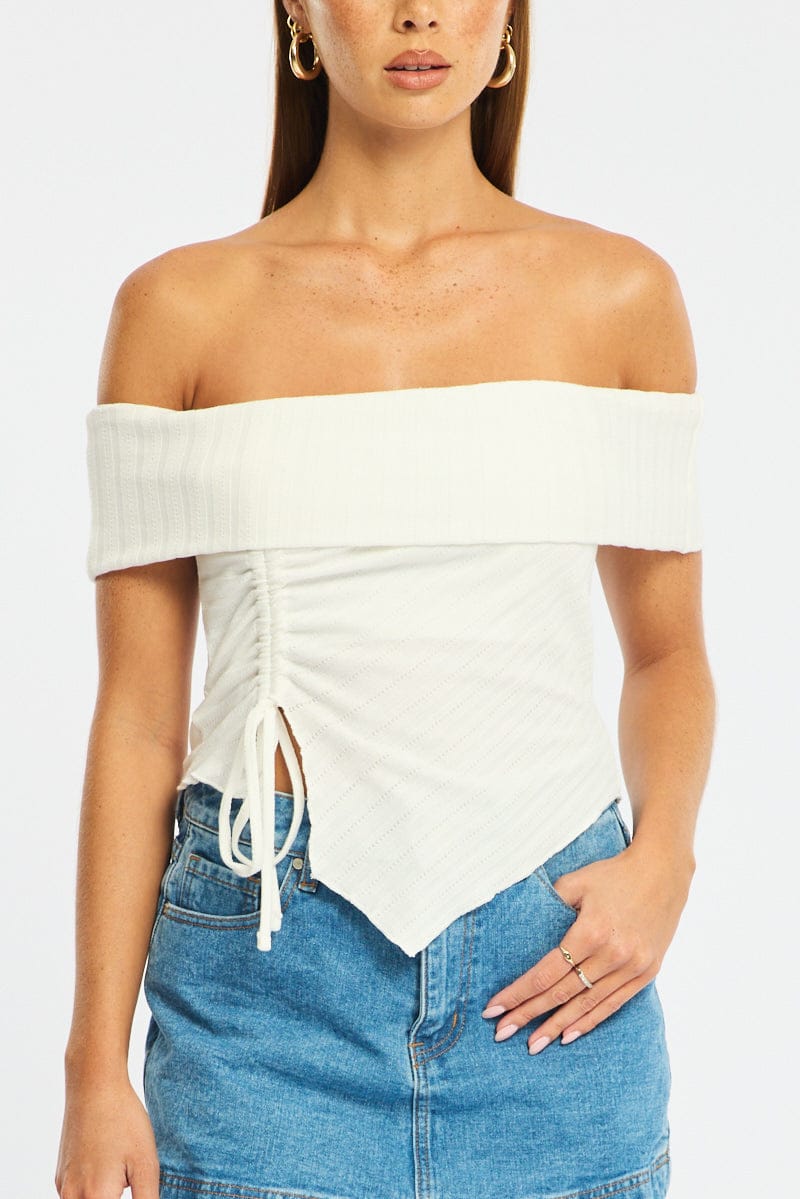 White Off Shoulder Knit Ruched Hem for Ally Fashion