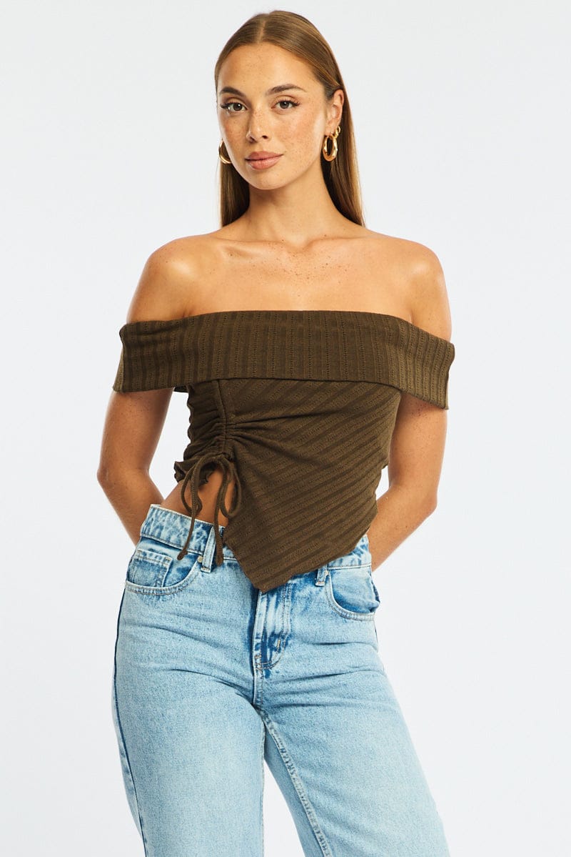 Brown Off Shoulder Knit Ruched Hem for Ally Fashion