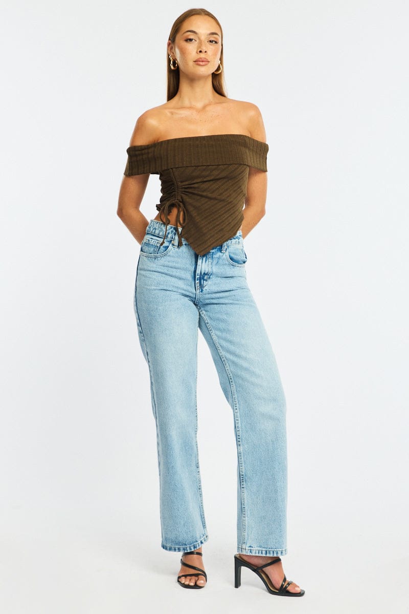 Brown Off Shoulder Knit Ruched Hem for Ally Fashion