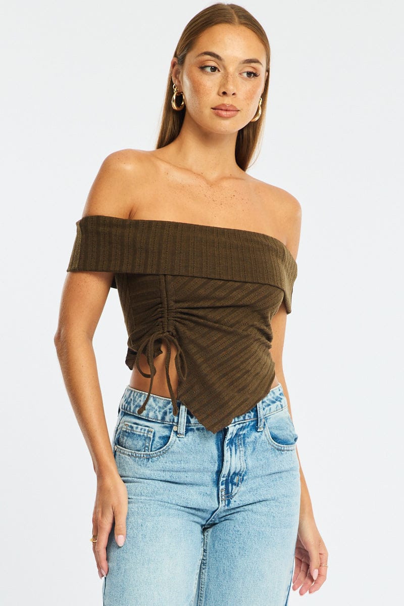 Brown Off Shoulder Knit Ruched Hem for Ally Fashion