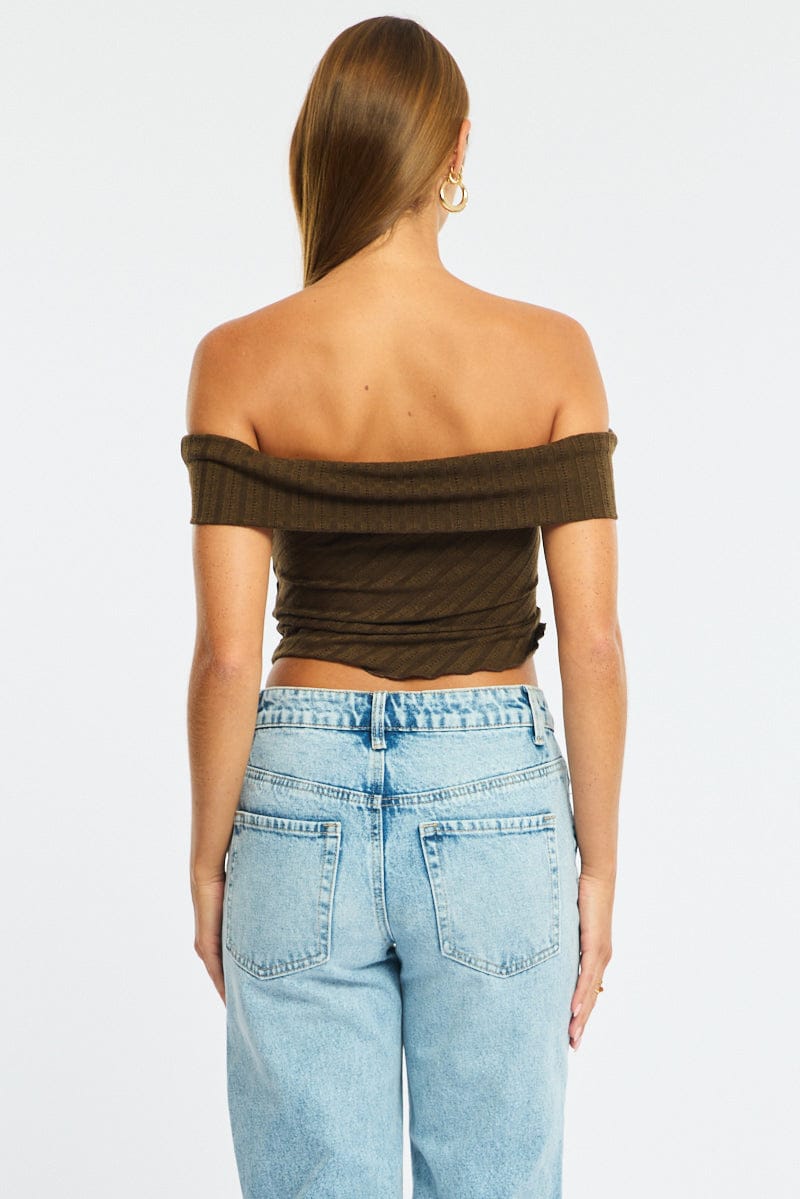 Brown Off Shoulder Knit Ruched Hem for Ally Fashion