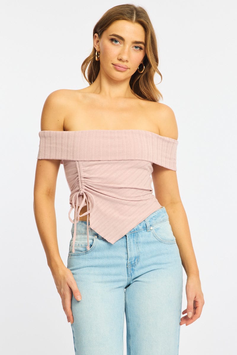 Pink Off Shoulder Knit Ruched Hem for Ally Fashion