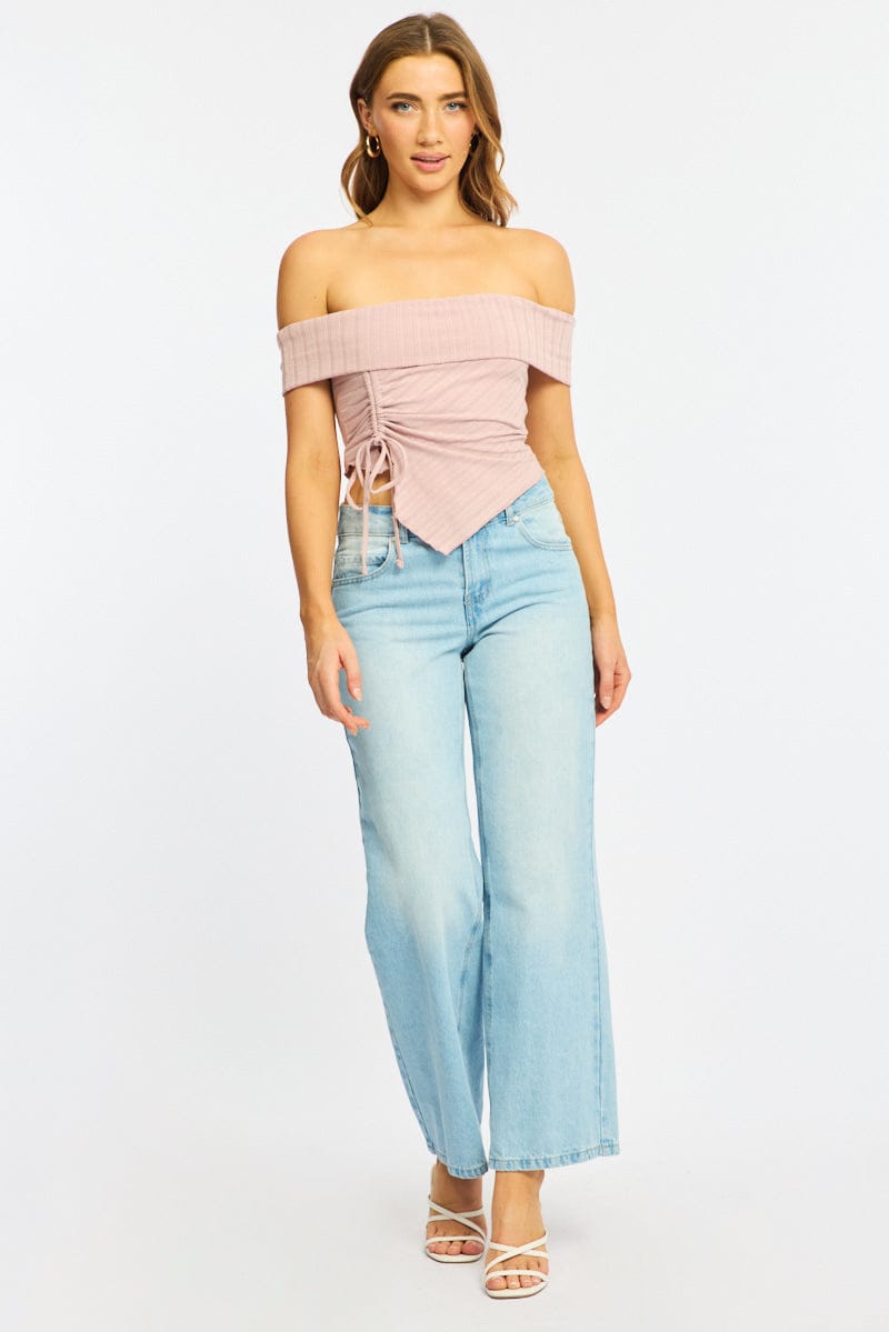 Pink Off Shoulder Knit Ruched Hem for Ally Fashion
