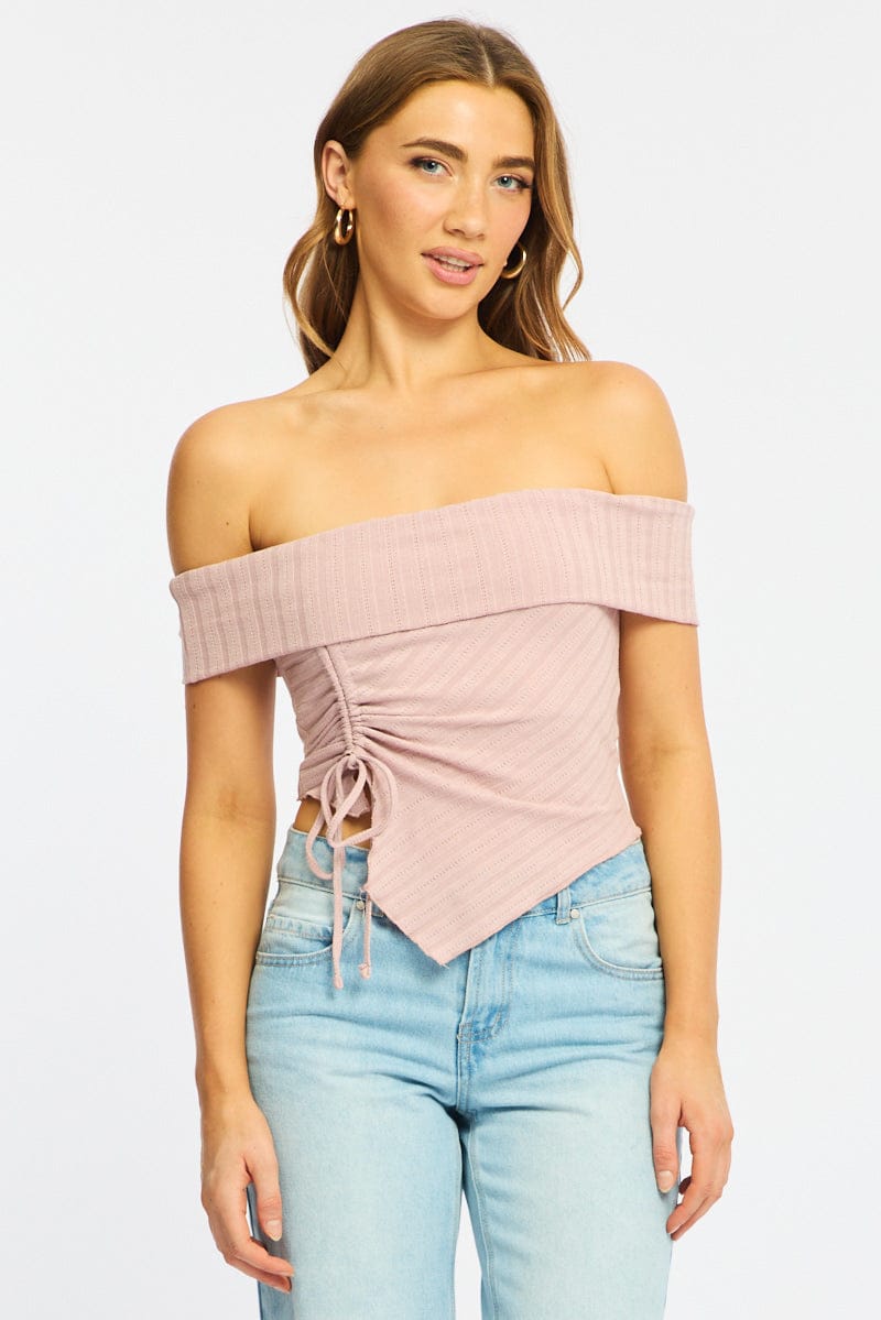 Pink Off Shoulder Knit Ruched Hem for Ally Fashion