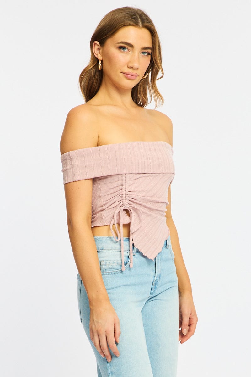 Pink Off Shoulder Knit Ruched Hem for Ally Fashion