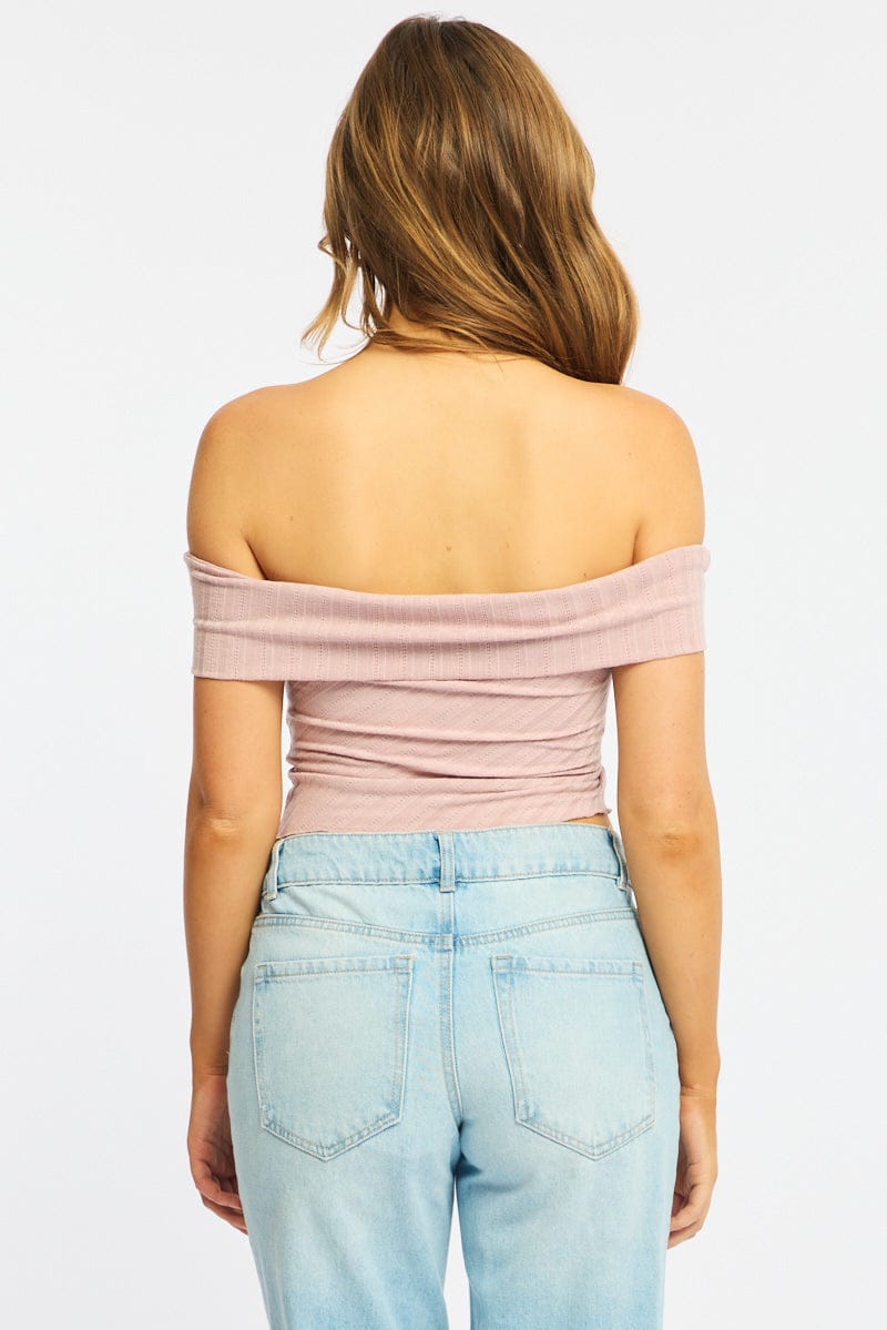 Pink Off Shoulder Knit Ruched Hem for Ally Fashion