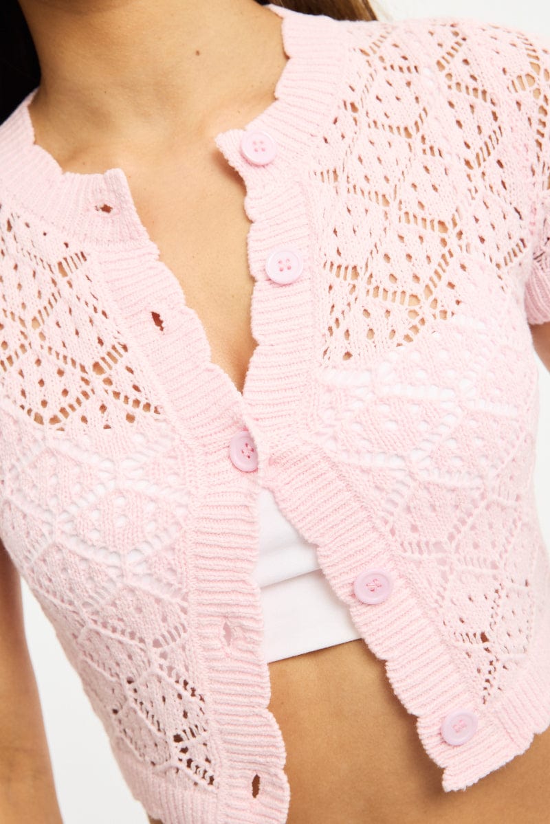 Pink Crochet Cardigan Short Sleeve for Ally Fashion