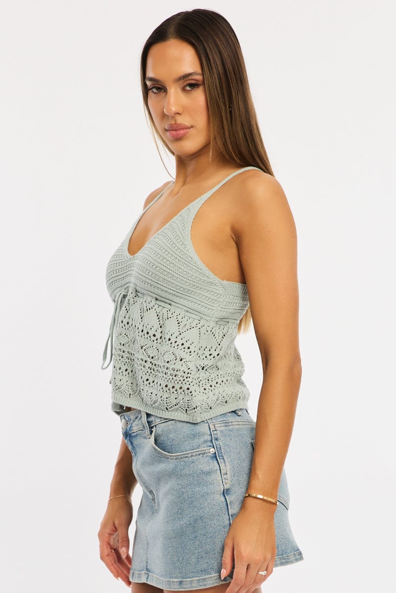 Green Crochet Top Tie Front for Ally Fashion