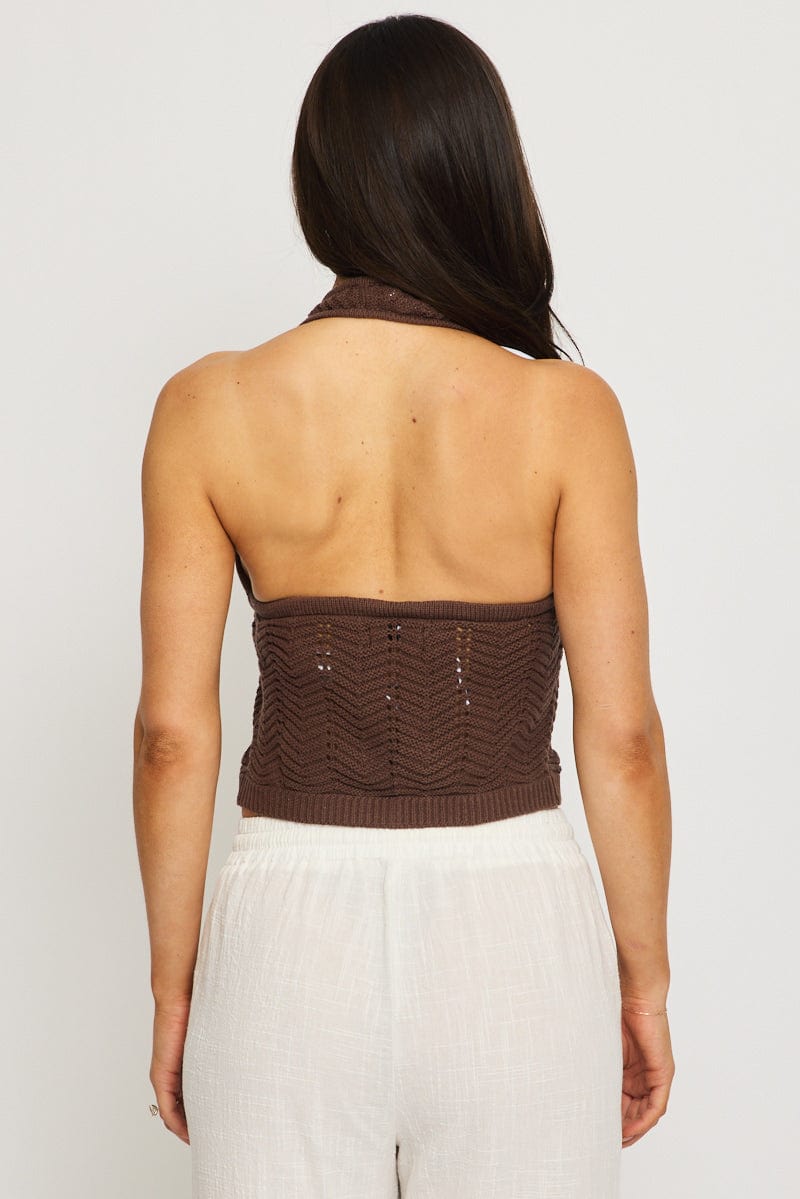 Brown Crochet Knit Vest Sleeveless for Ally Fashion
