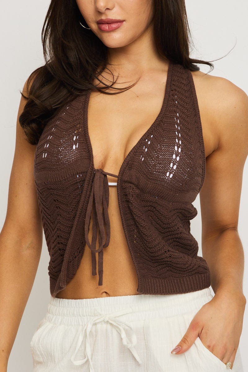 Brown Crochet Knit Vest Sleeveless for Ally Fashion