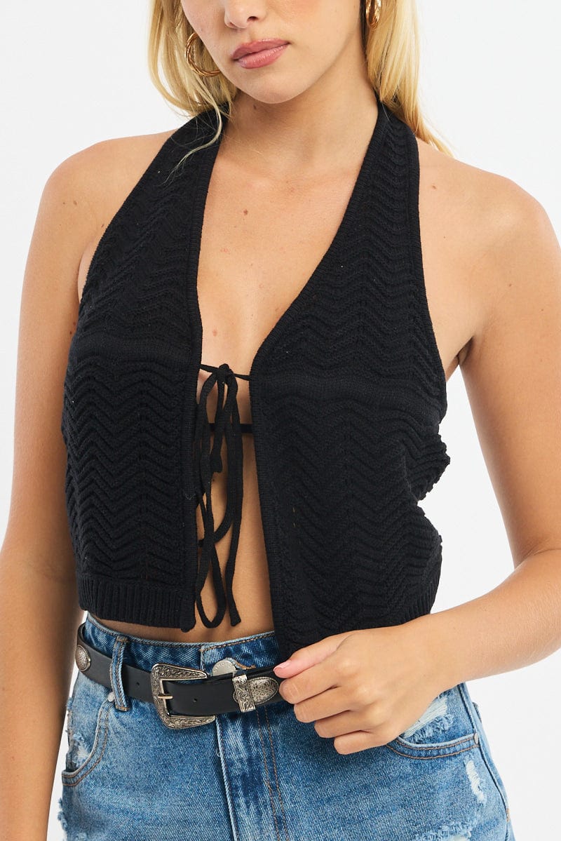 Black Crochet Knit Vest Sleeveless for Ally Fashion