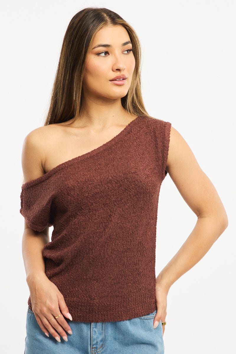 Brown Asymmetrical Knit Top for Ally Fashion