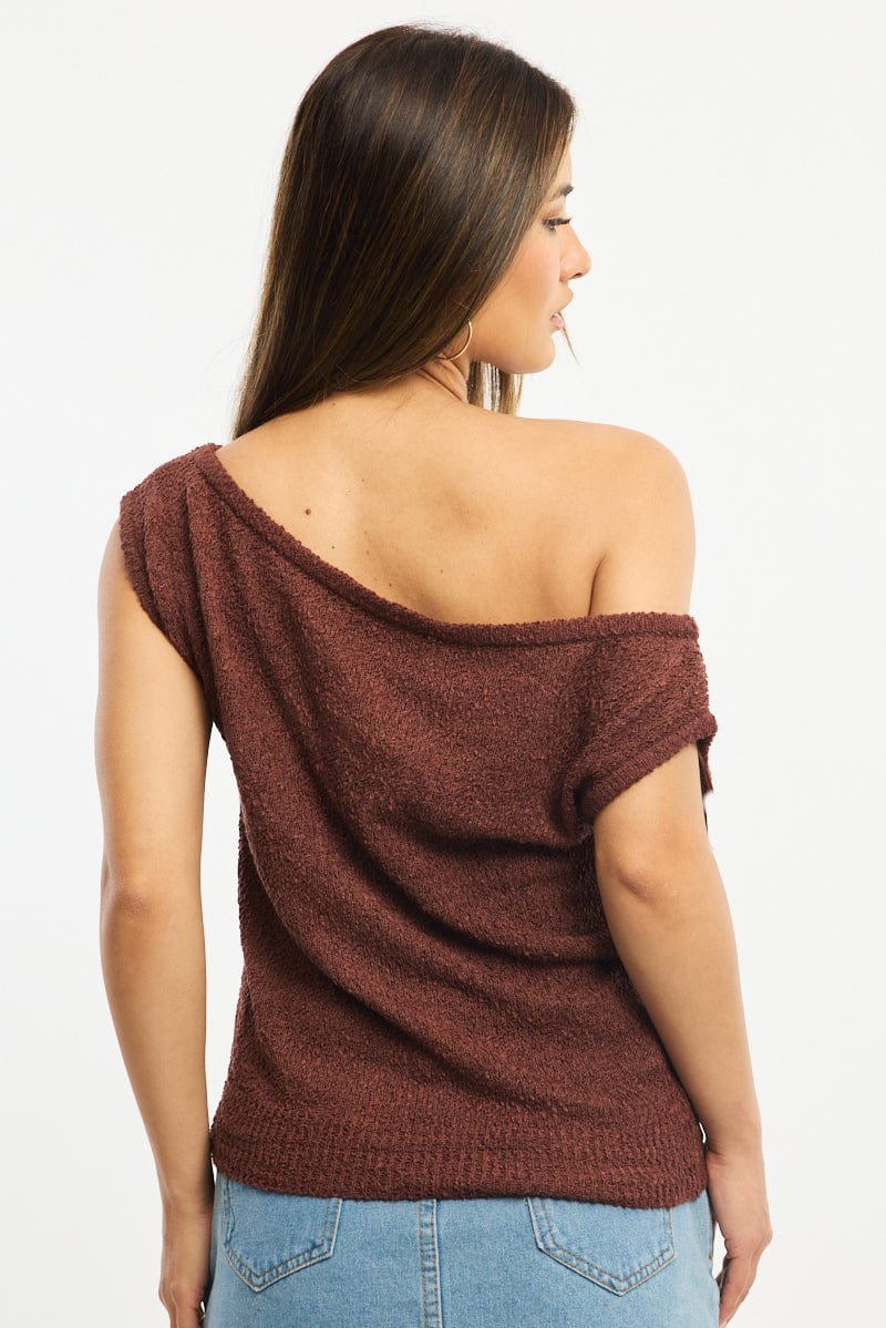 Brown Asymmetrical Knit Top for Ally Fashion