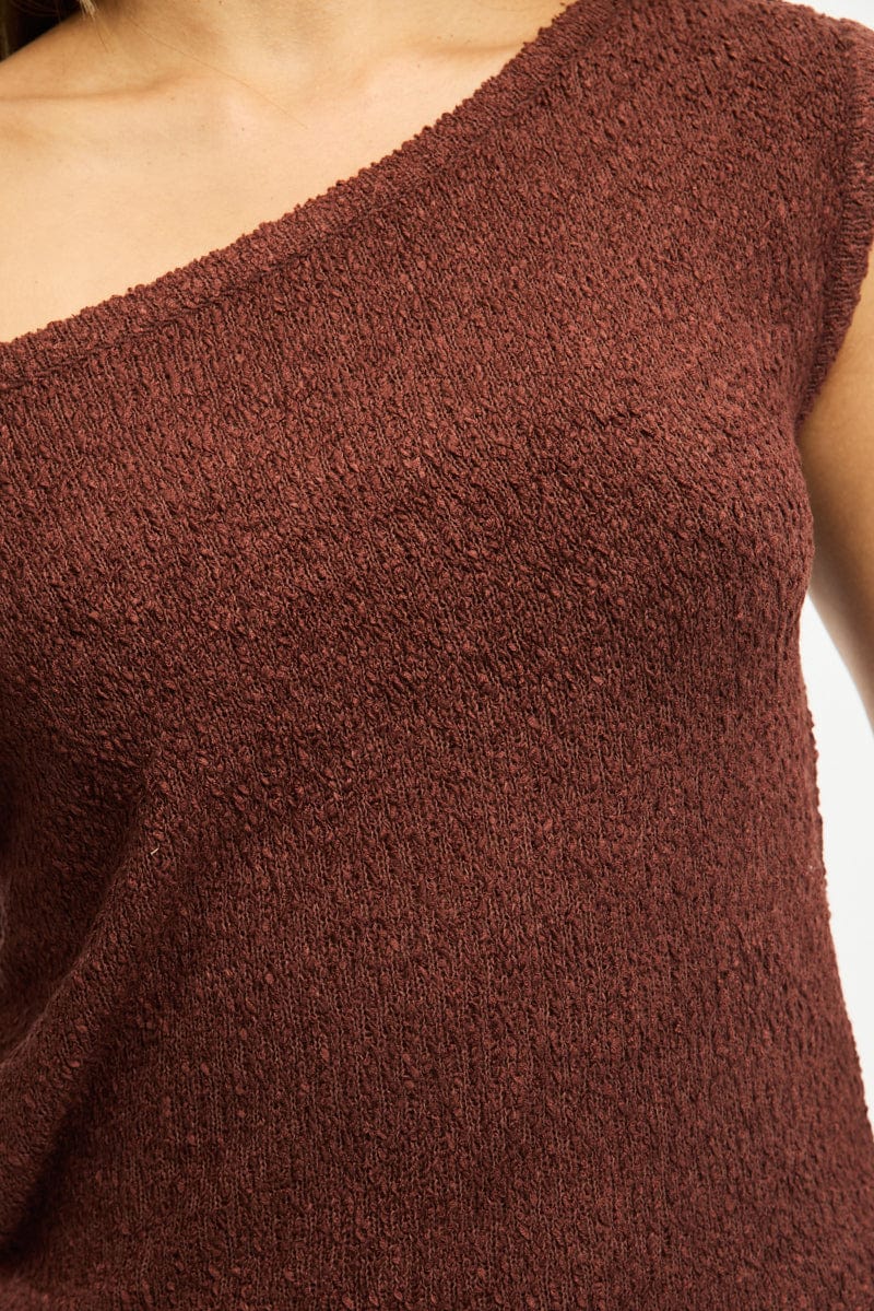 Brown Asymmetrical Knit Top for Ally Fashion