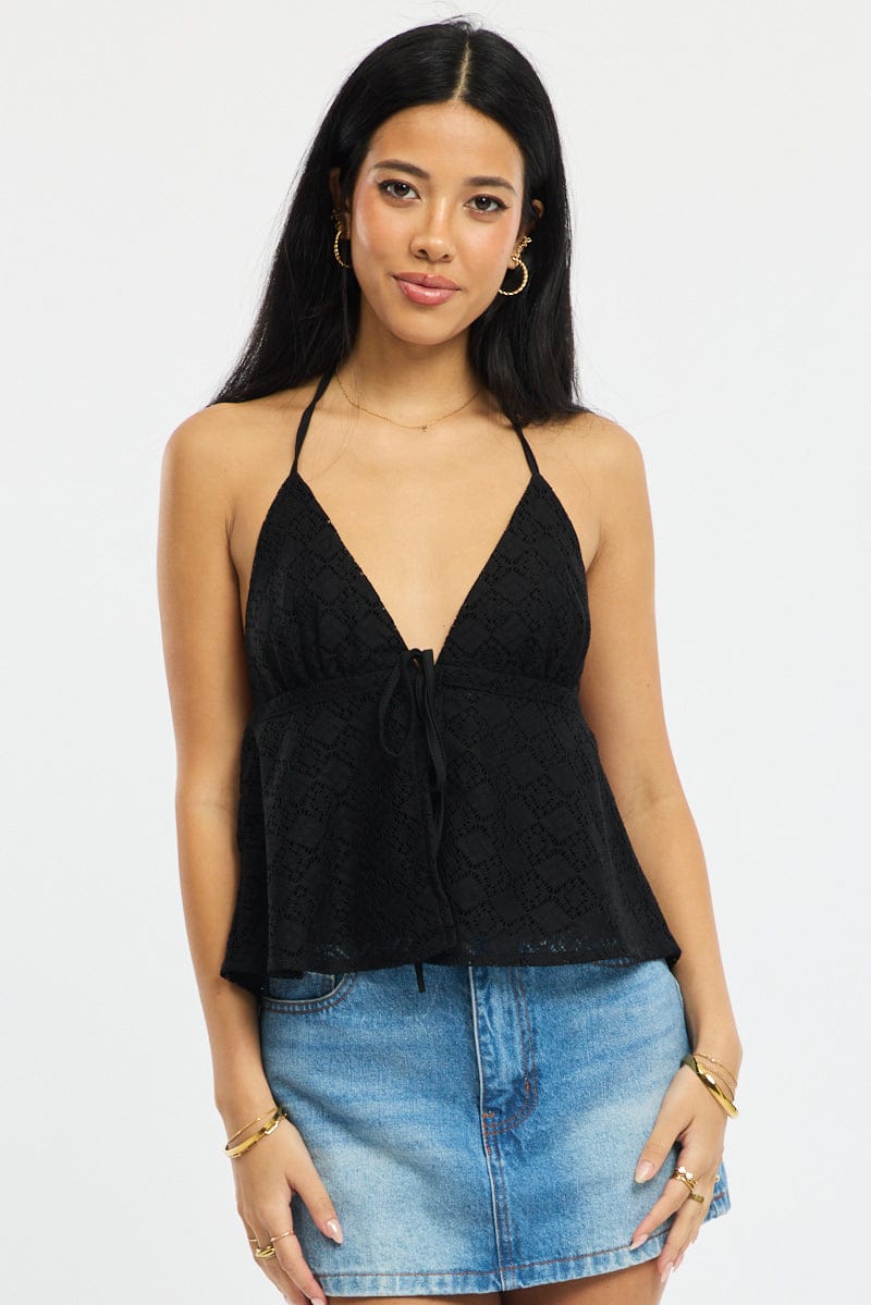 Black Open Crochet Top Sleeveless Halter Neck for Ally Fashion