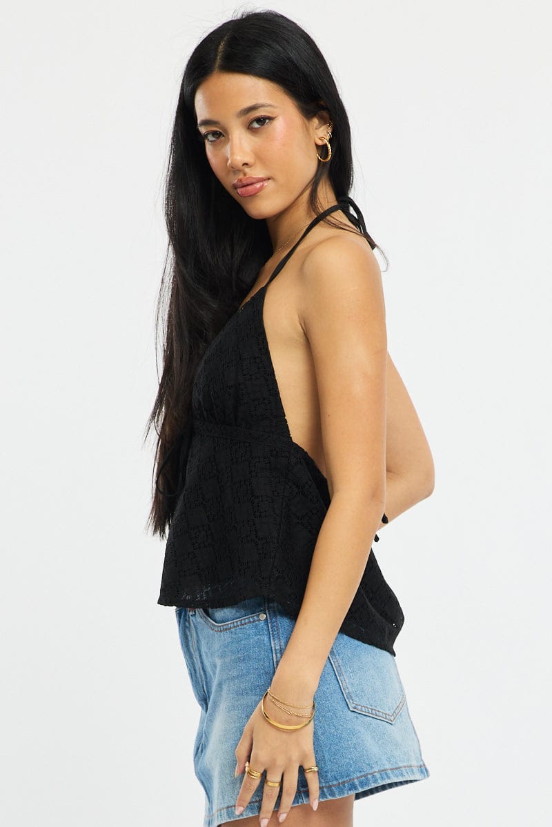 Black Open Crochet Top Sleeveless Halter Neck for Ally Fashion