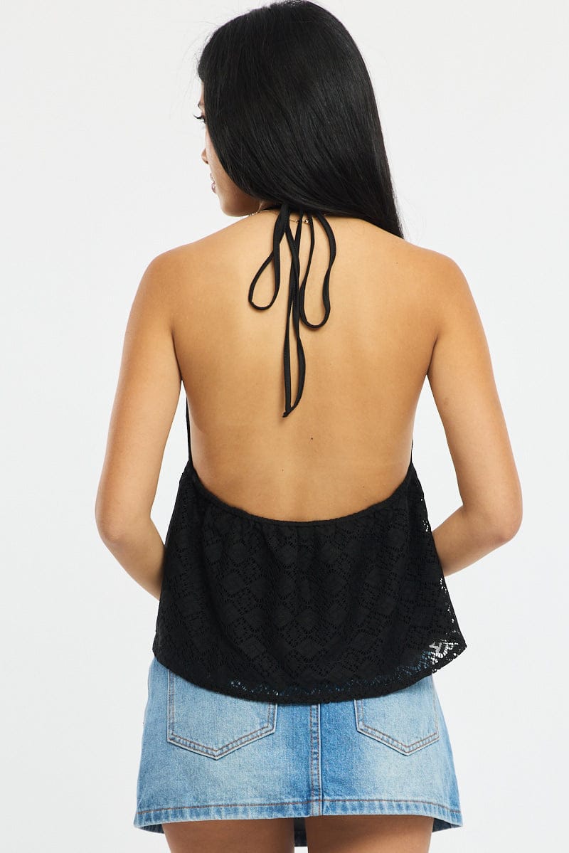 Black Open Crochet Top Sleeveless Halter Neck for Ally Fashion