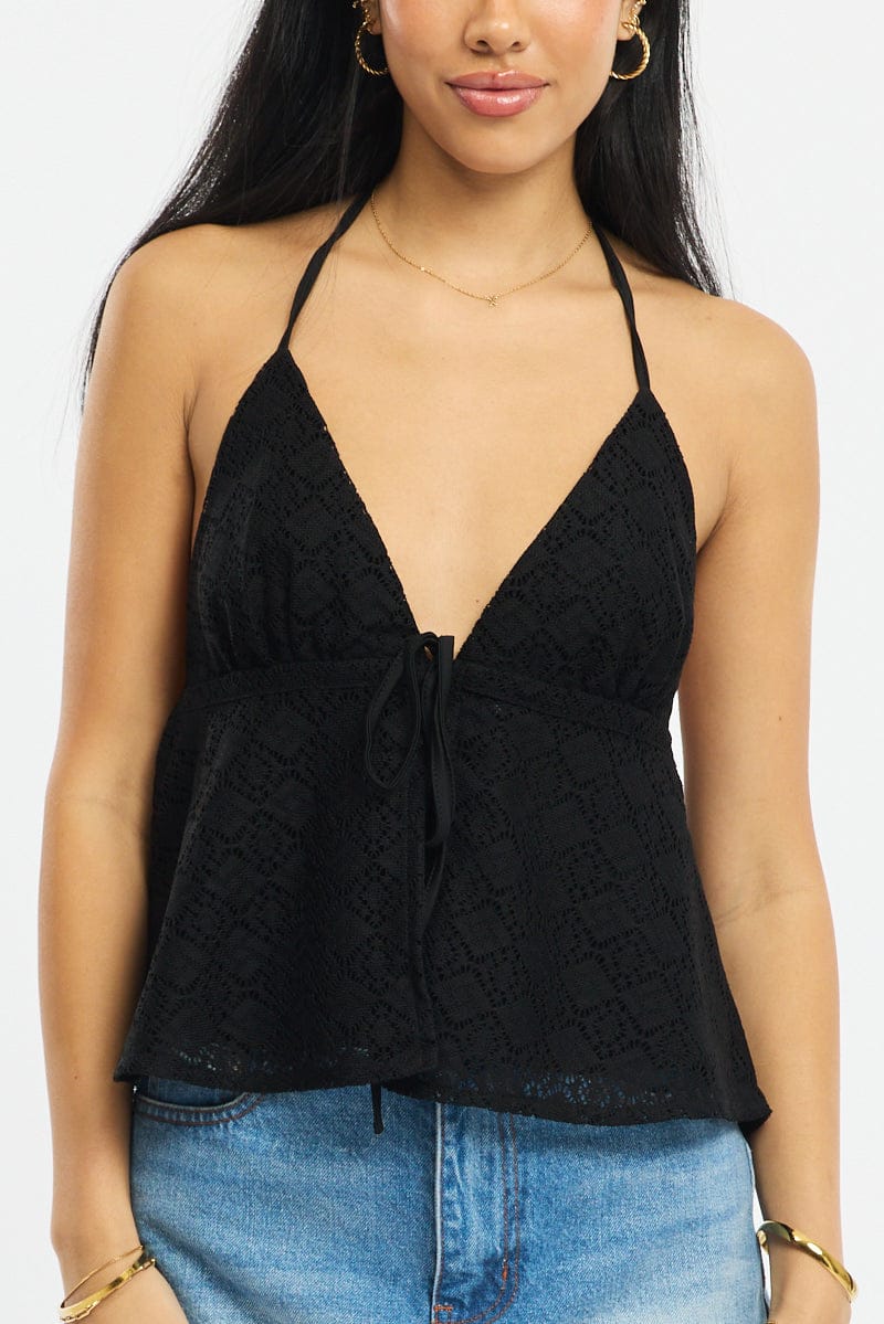 Black Open Crochet Top Sleeveless Halter Neck for Ally Fashion