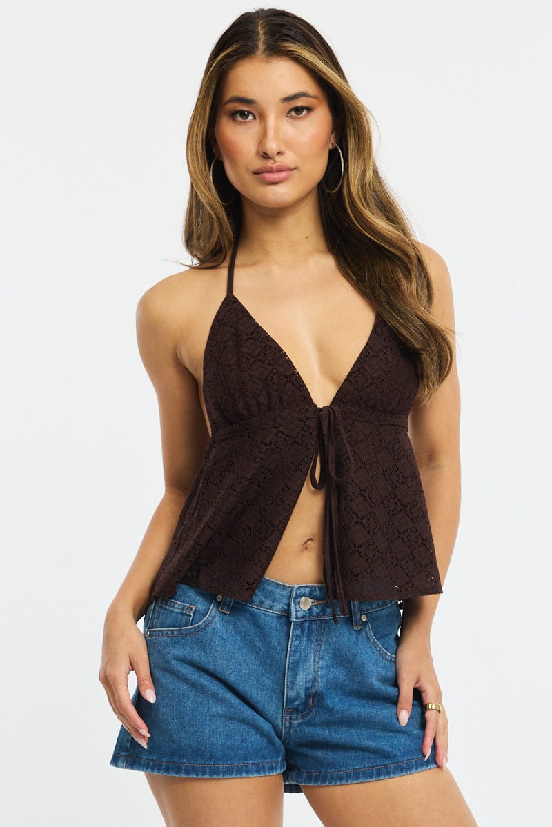 Brown Open Crochet Top Sleeveless Halter Neck for Ally Fashion