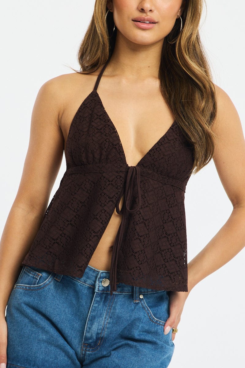 Brown Open Crochet Top Sleeveless Halter Neck | Ally Fashion
