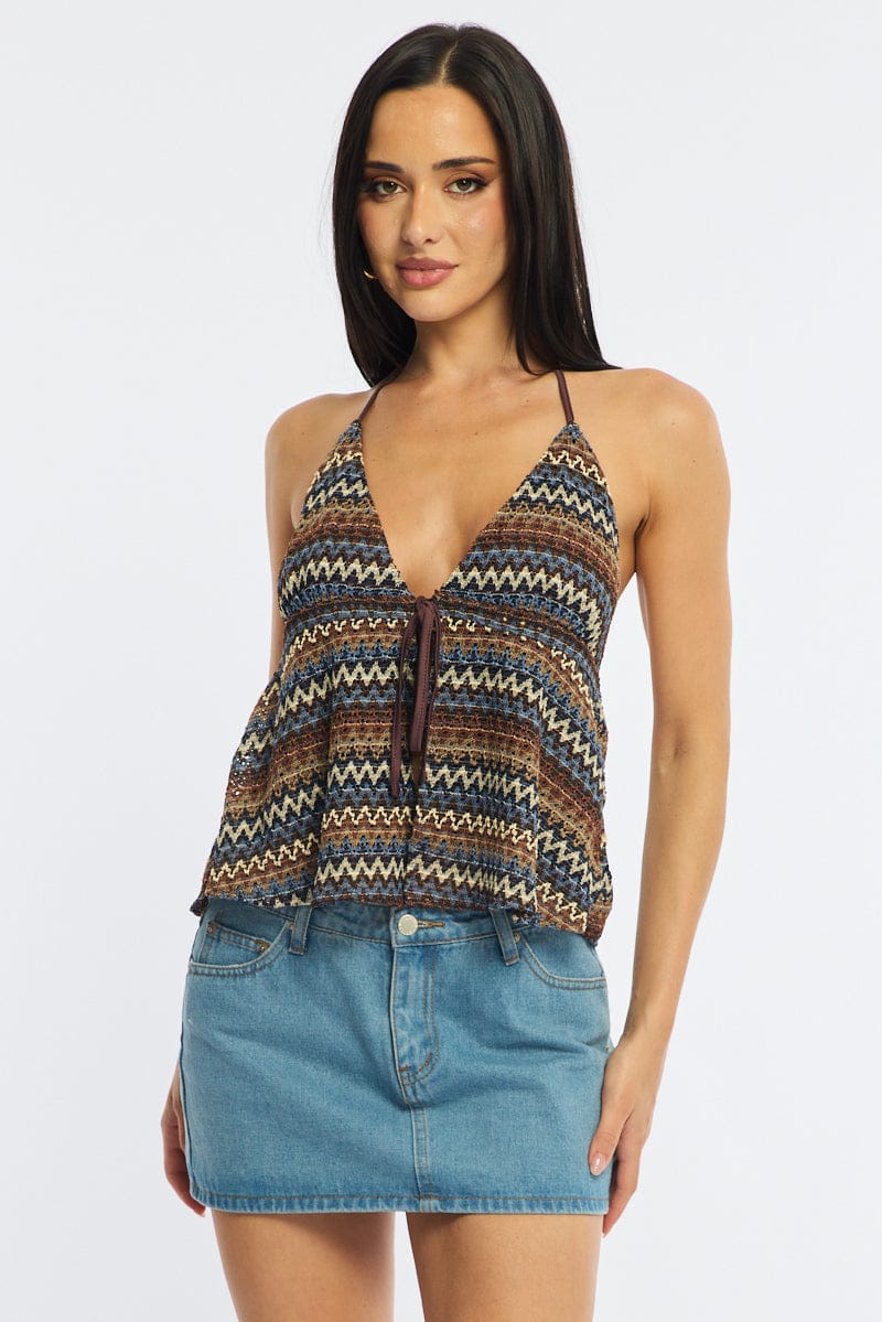 Brown Stripe Open Crochet Top Sleeveless Halter Neck for Ally Fashion