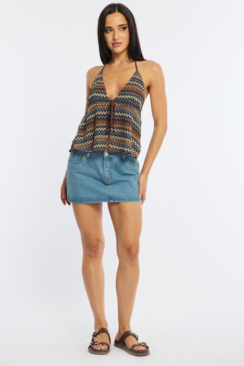 Brown Stripe Open Crochet Top Sleeveless Halter Neck for Ally Fashion