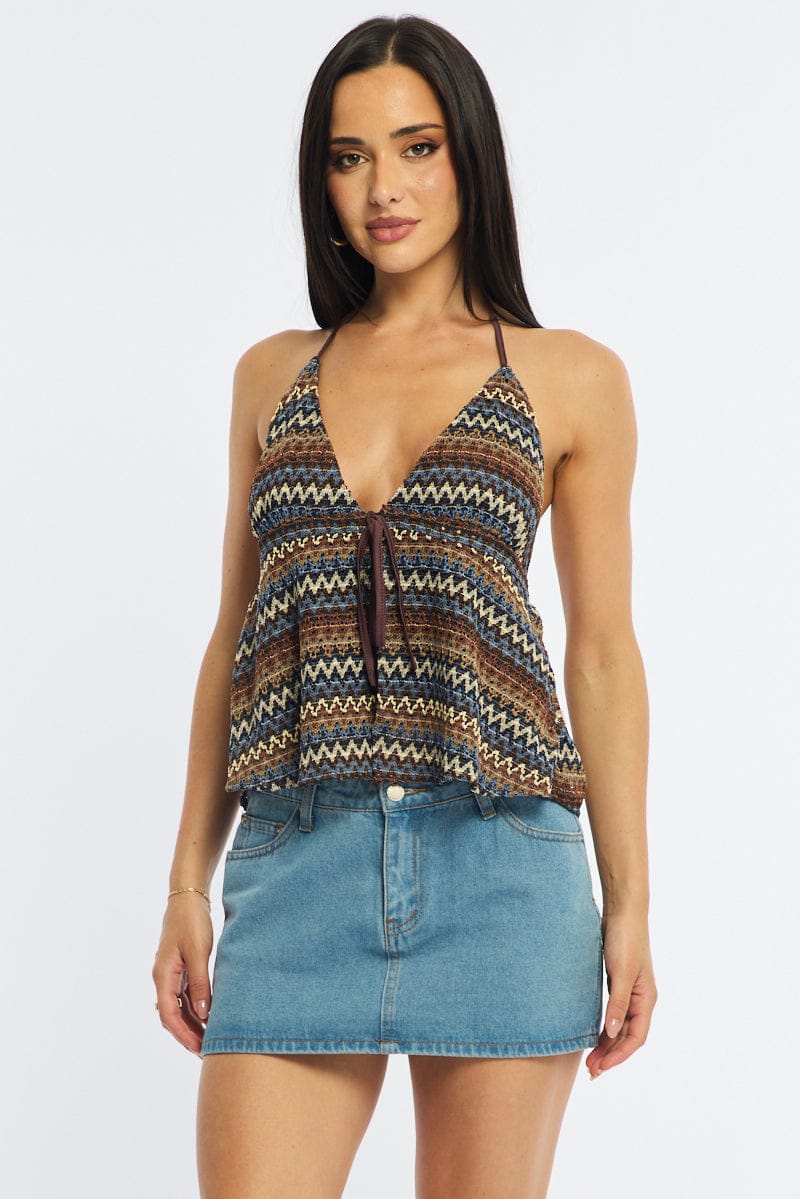 Brown Stripe Open Crochet Top Sleeveless Halter Neck for Ally Fashion