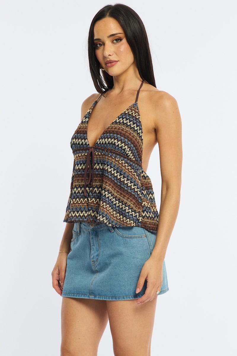 Brown Stripe Open Crochet Top Sleeveless Halter Neck for Ally Fashion