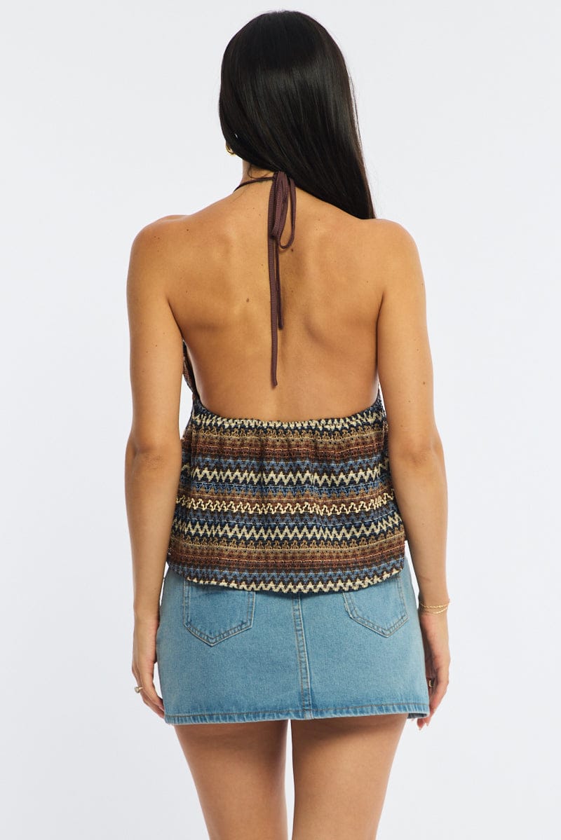 Brown Stripe Open Crochet Top Sleeveless Halter Neck for Ally Fashion