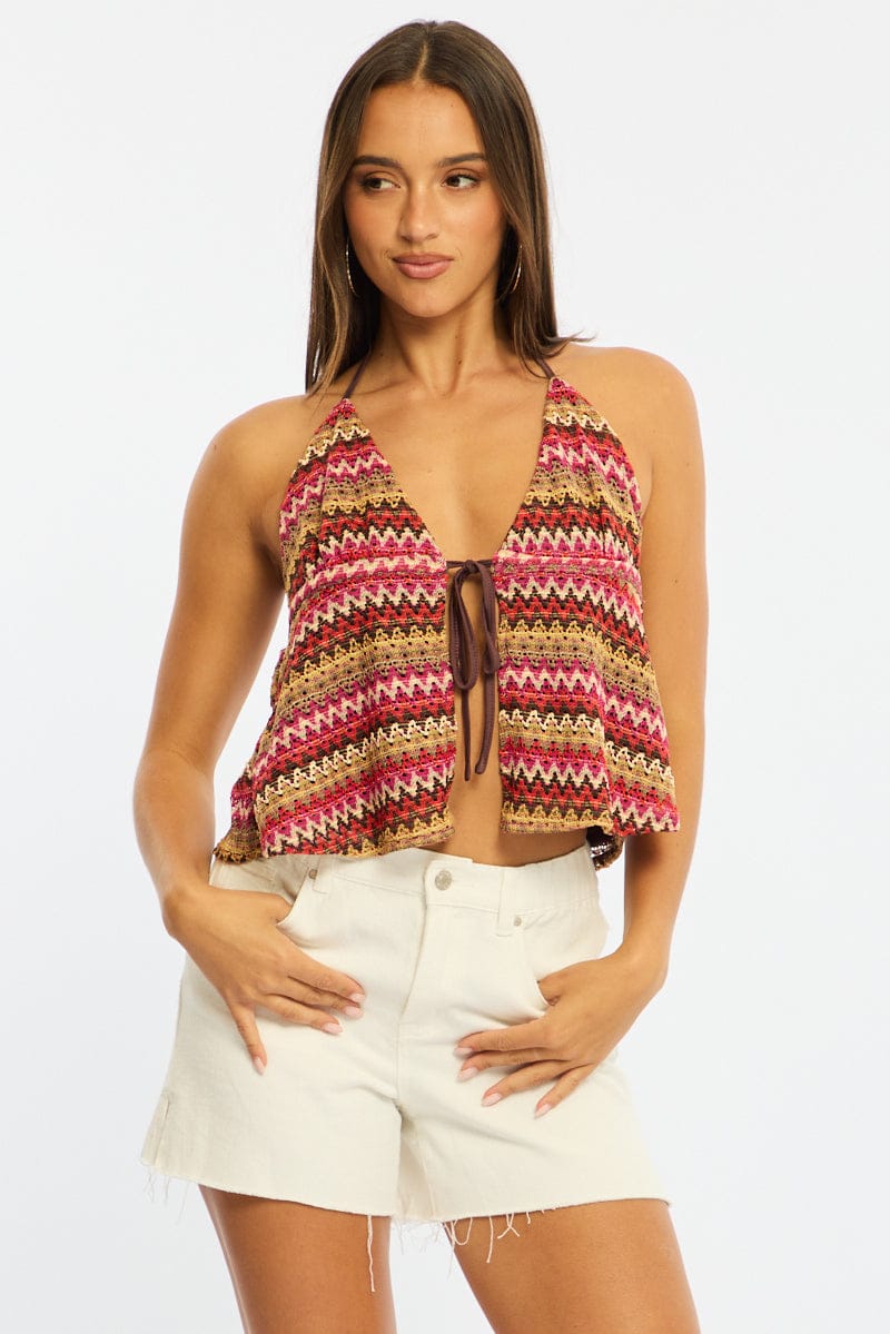 Red Stripe Open Crochet Top Sleeveless Halter Neck for Ally Fashion