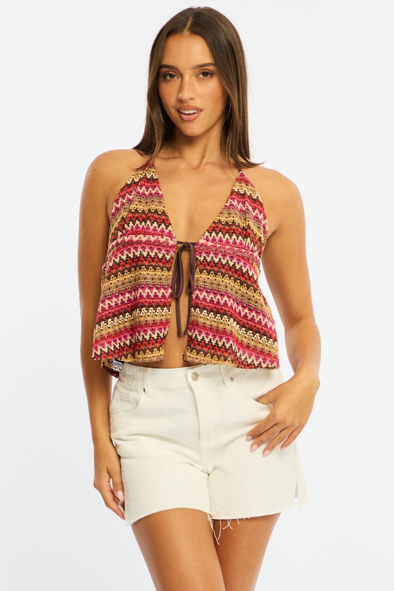 Red Stripe Open Crochet Top Sleeveless Halter Neck for Ally Fashion