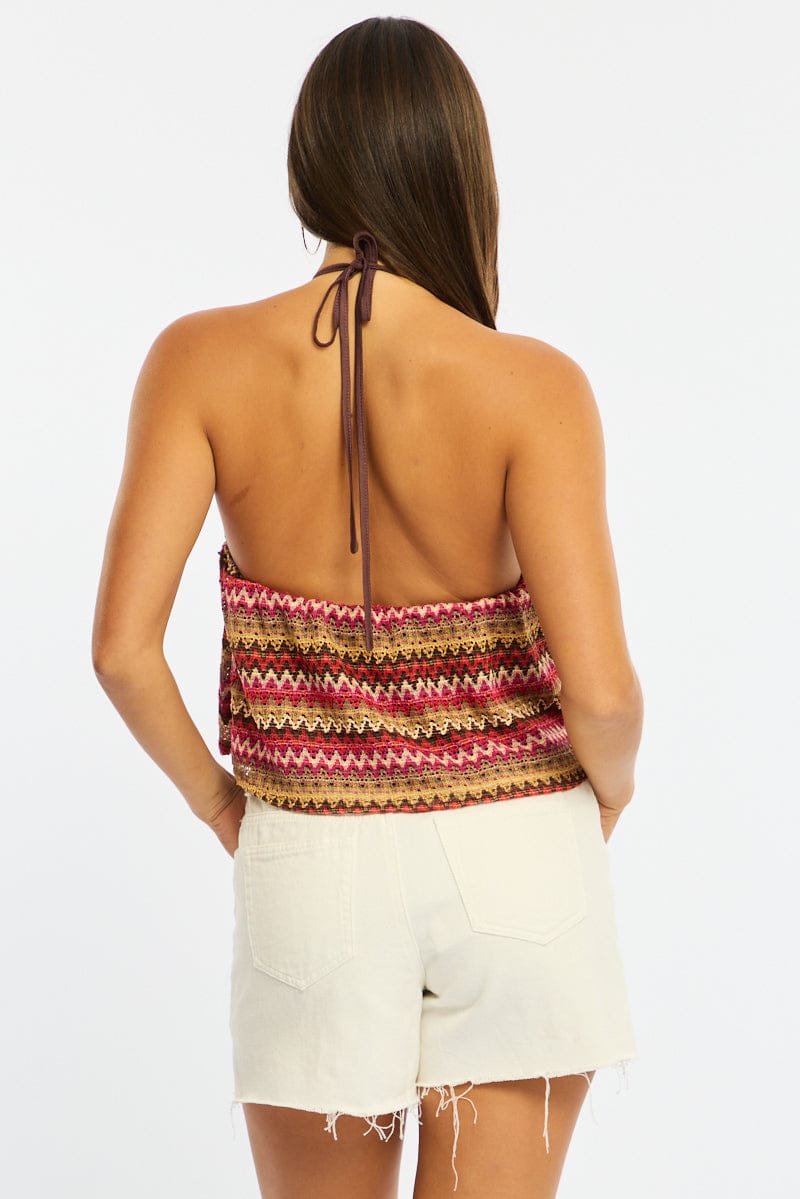 Red Stripe Open Crochet Top Sleeveless Halter Neck for Ally Fashion