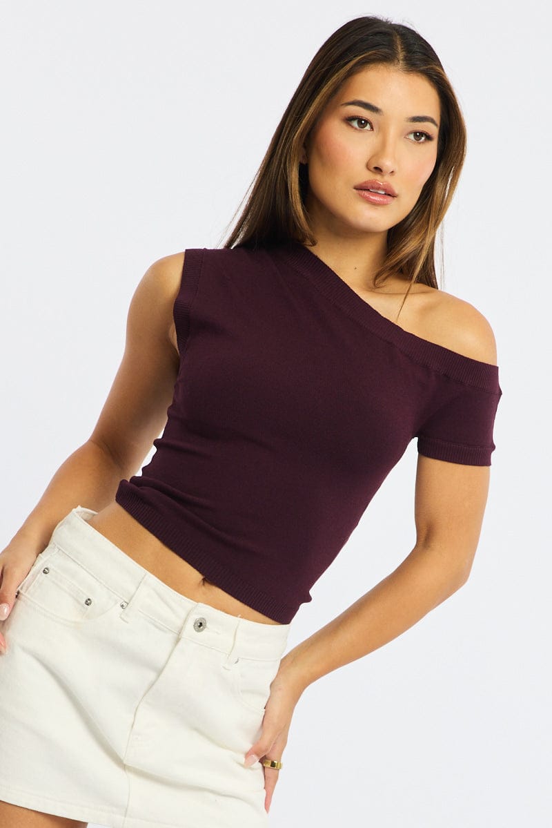 Brown Knit Top Off Shoulder for Ally Fashion