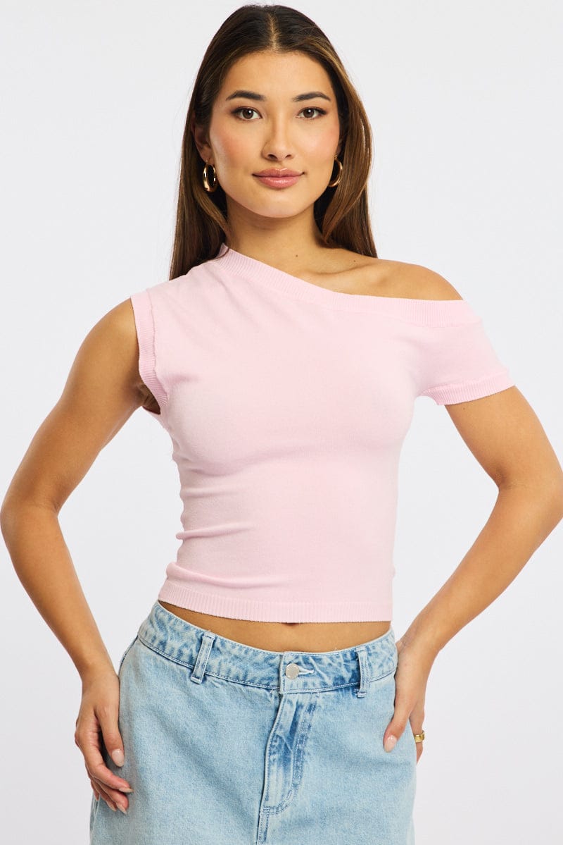 Pink Knit Top Off Shoulder for Ally Fashion