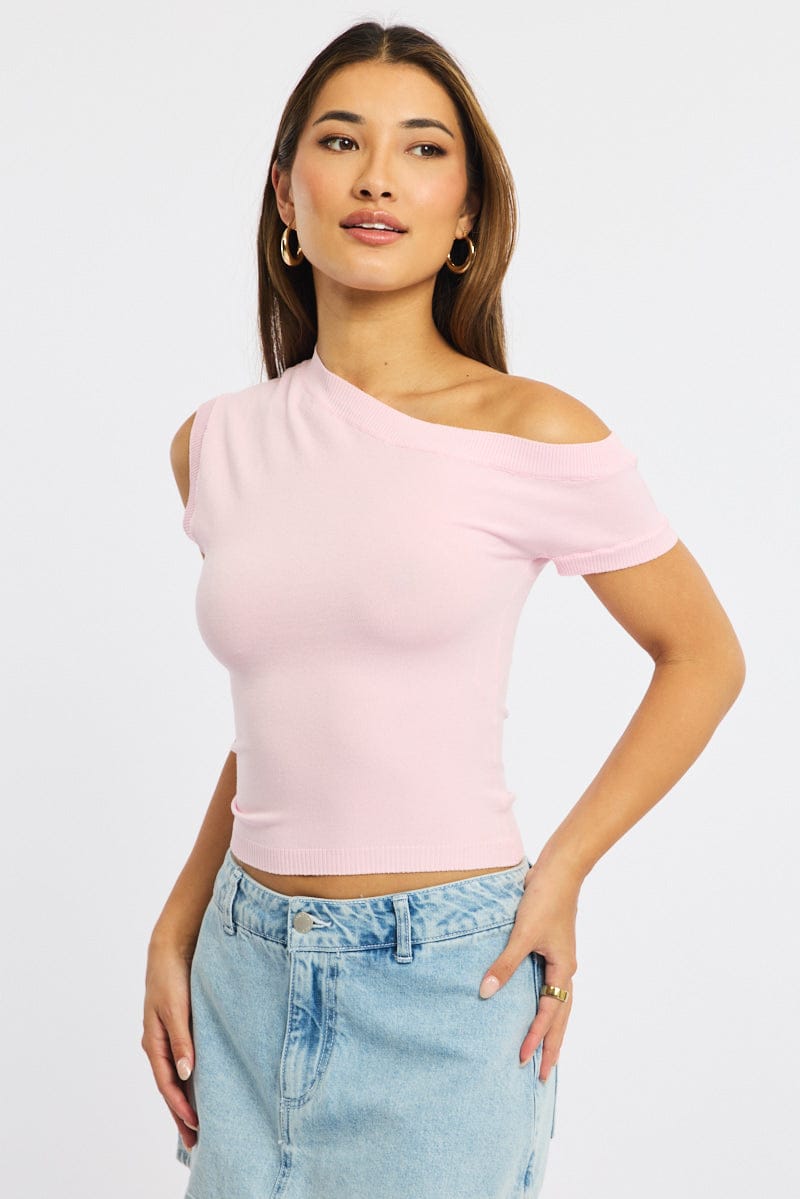 Pink Knit Top Off Shoulder for Ally Fashion