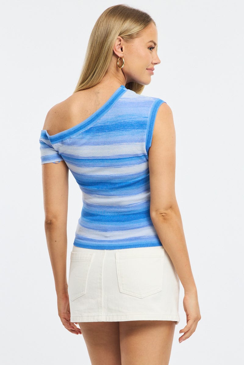 Blue Stripe Knit Top Off Shoulder for Ally Fashion