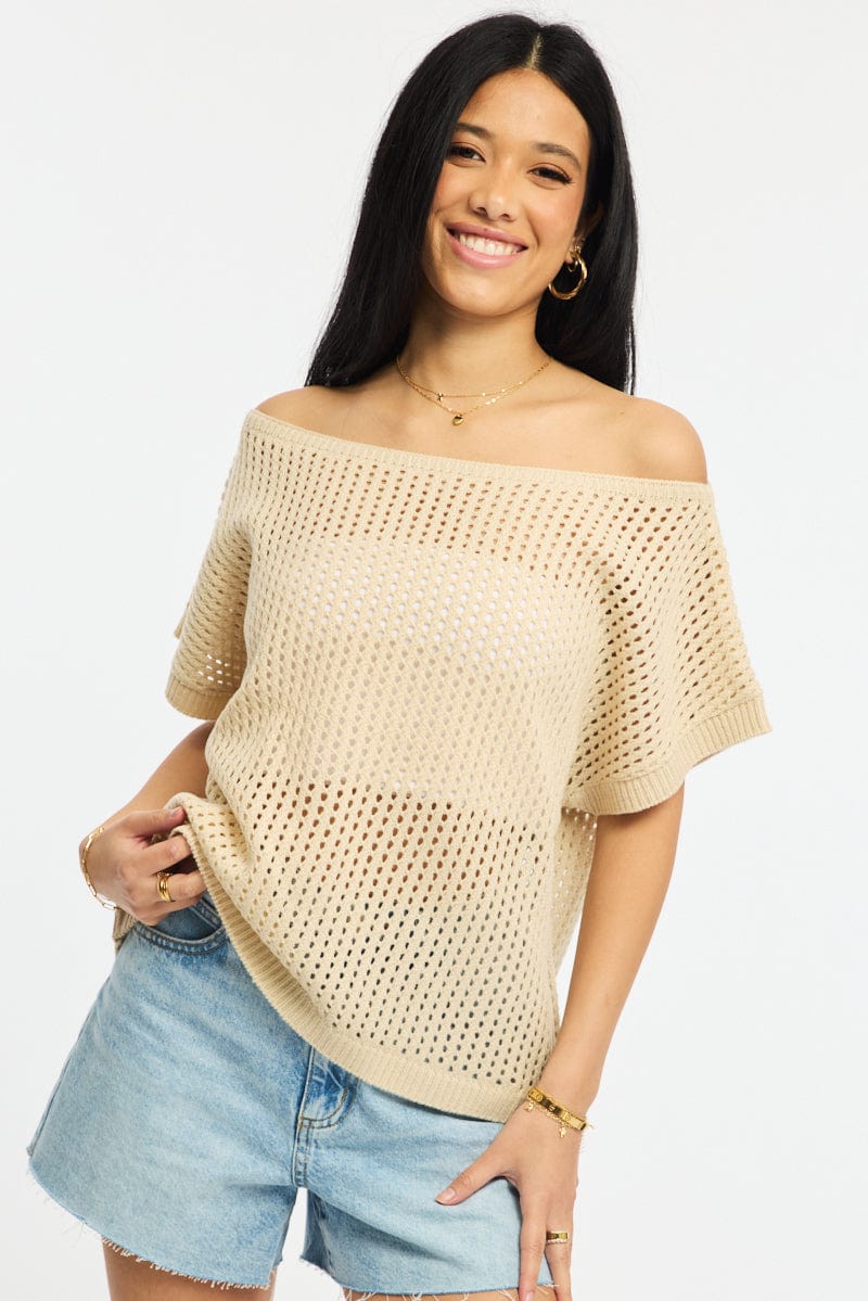 Beige Knit Top Off Shoulder for Ally Fashion