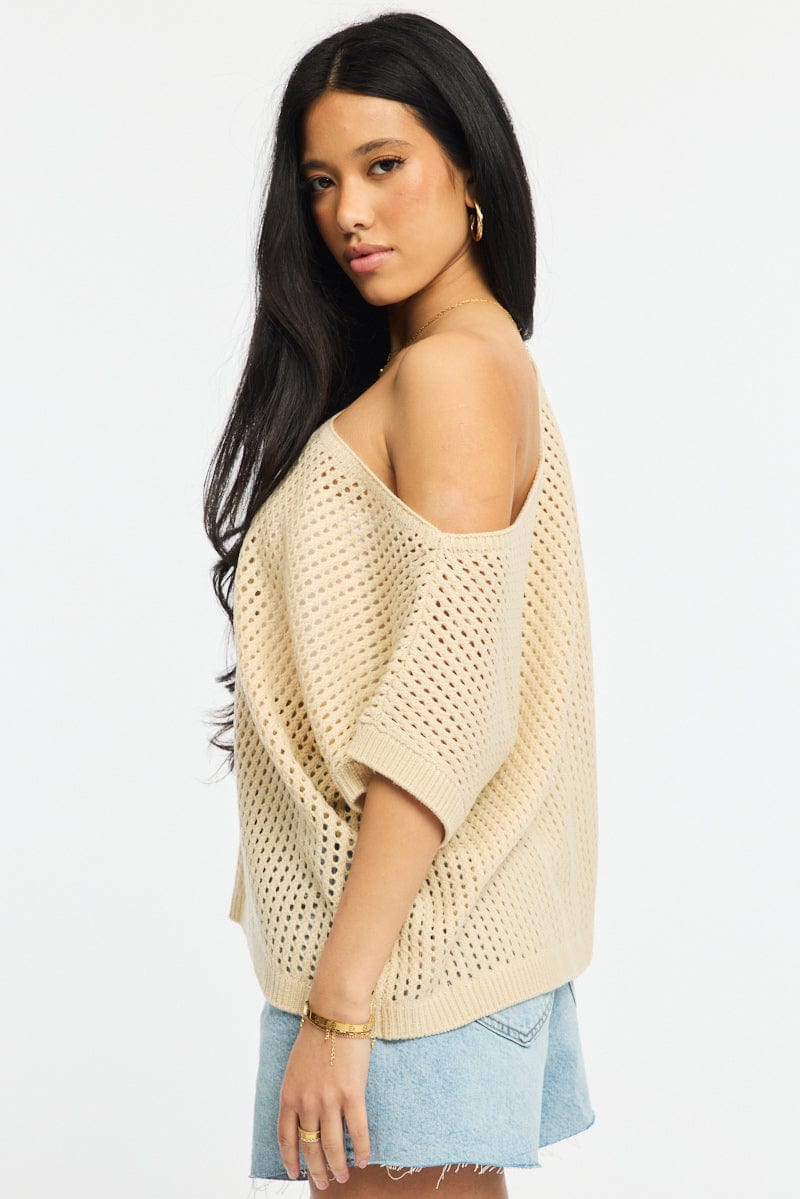 Beige Knit Top Off Shoulder for Ally Fashion