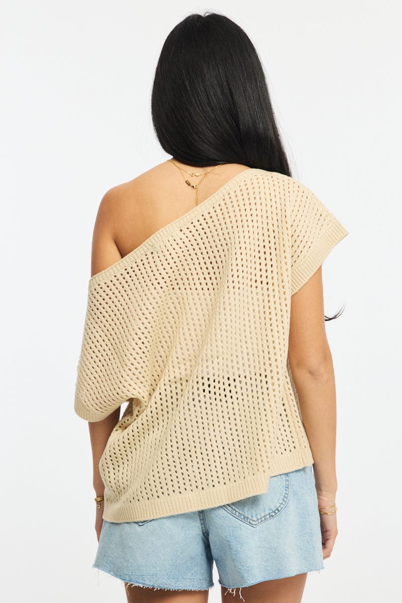 Beige Knit Top Off Shoulder for Ally Fashion
