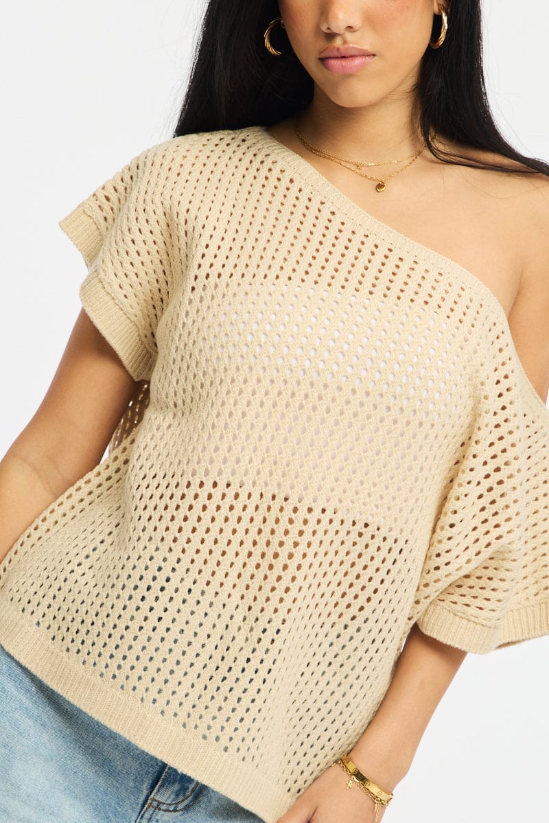 Beige Knit Top Off Shoulder for Ally Fashion