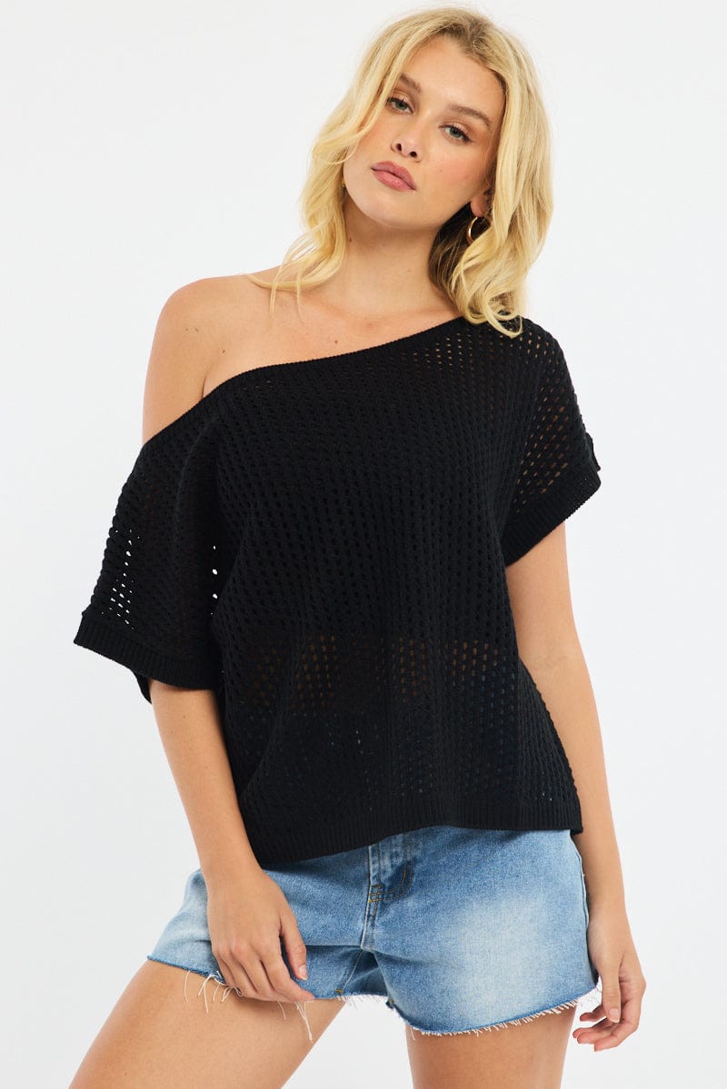 Black Knit Top Off Shoulder for Ally Fashion