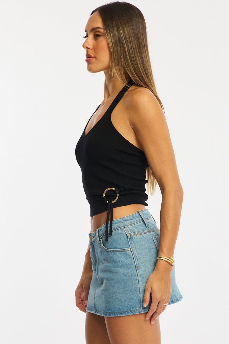 Black Halter Knit Top Buckled Waist for Ally Fashion