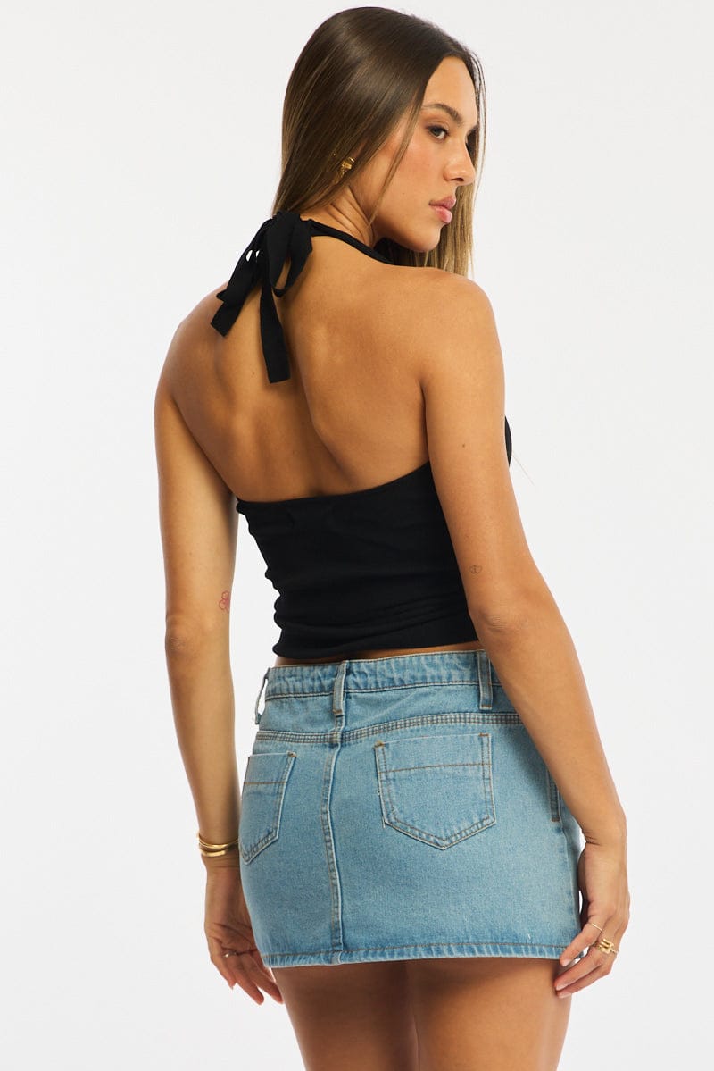Black Halter Knit Top Buckled Waist for Ally Fashion