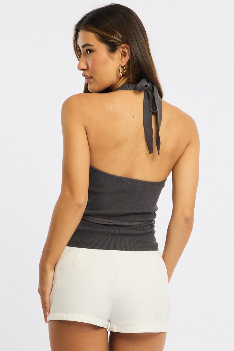 Grey Halter Knit Top Buckled Waist for Ally Fashion