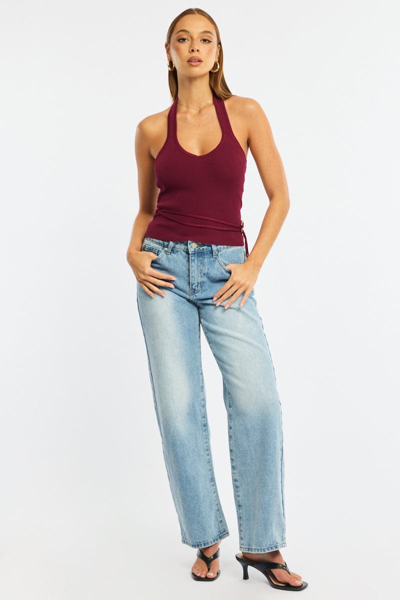 Red Halter Knit Top Buckled Waist for Ally Fashion