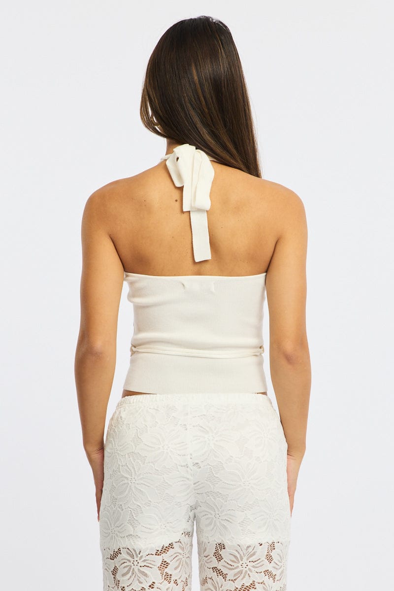White Halter Knit Top Buckled Waist for Ally Fashion