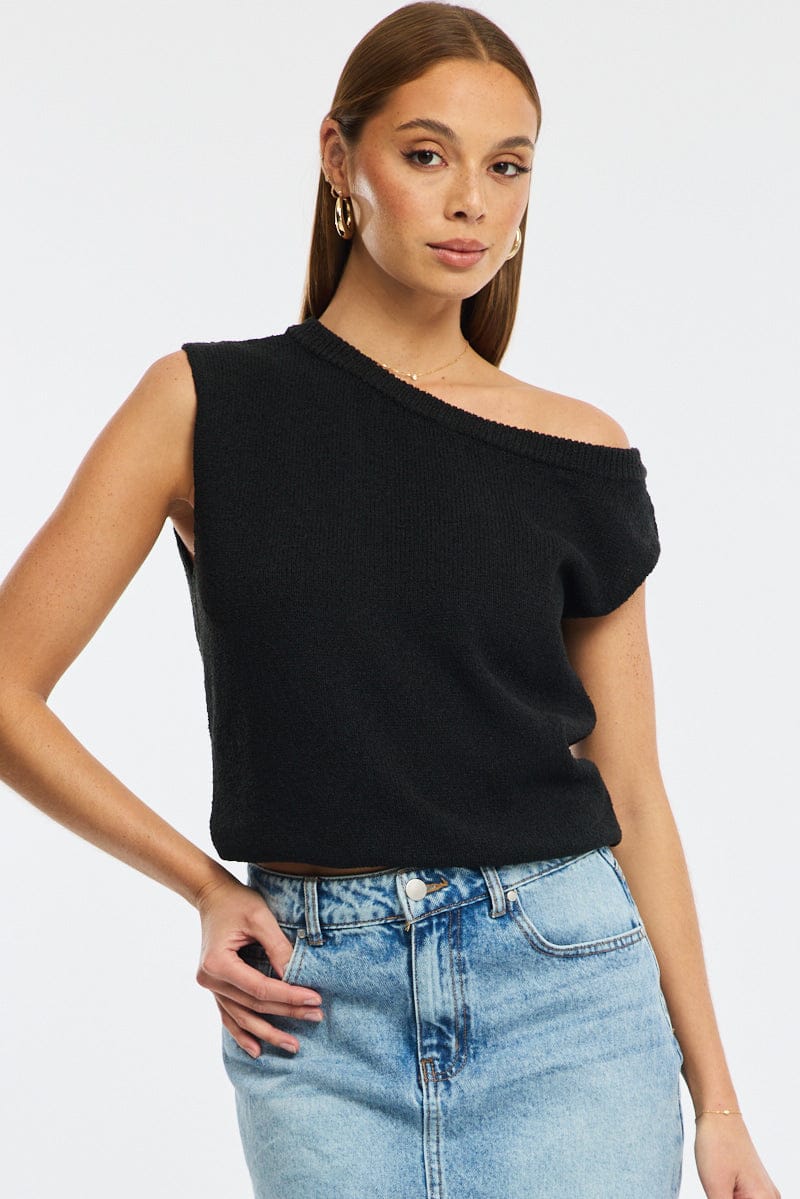 Black Knit Top Off Shoulder for Ally Fashion