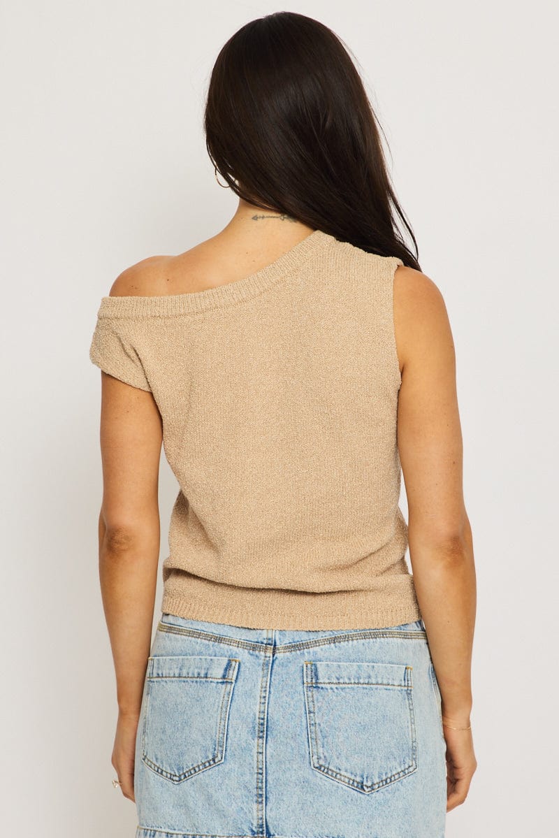 Beige Knit Top Off Shoulder for Ally Fashion